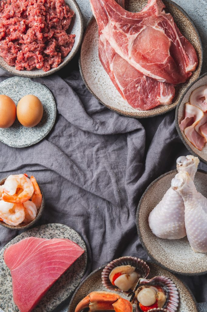Animal protein sources background with copy space. Carnivore diet concept. Meat, cheese, fish, eggs